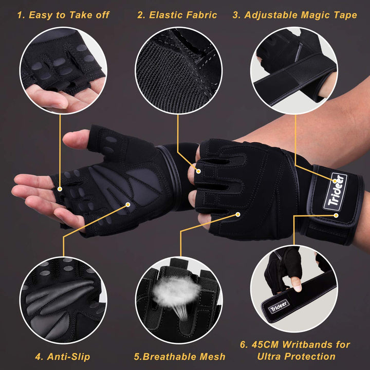 Padded Workout Gloves for Men - Gym Weight Lifting Gloves with Wrist Wrap Support, Full Palm Protection &amp; Extra Grips for Weightlifting, Exercise, Cross Training, Fitness, Pull-up