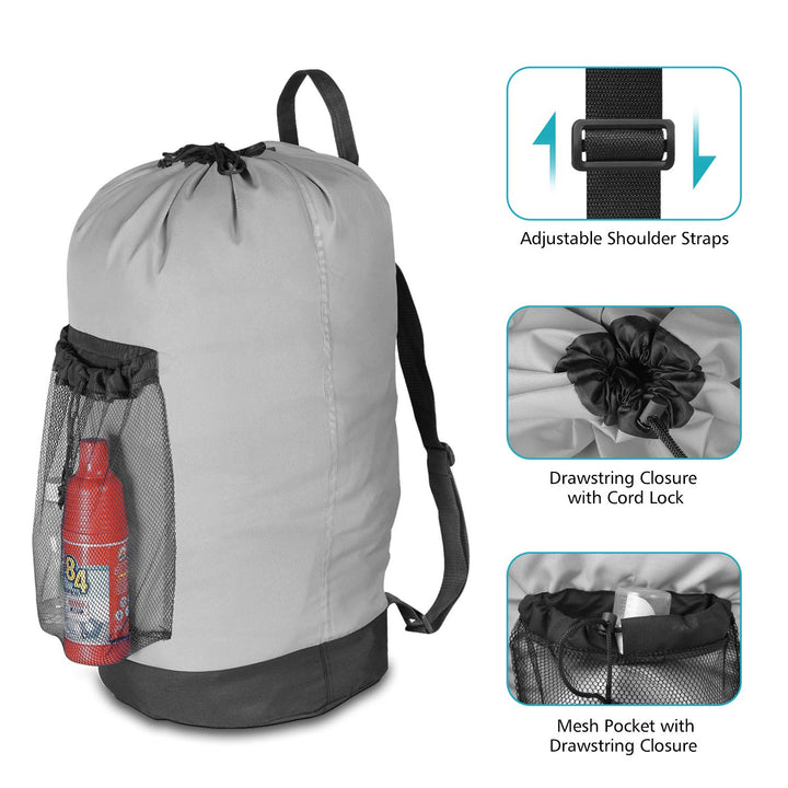 Laundry Backpack with Shoulder Straps and Mesh Pocket Durable Nylon Clothes Hamper Bag with Drawstring Closure for College, Travel, Laundromat, Apartment