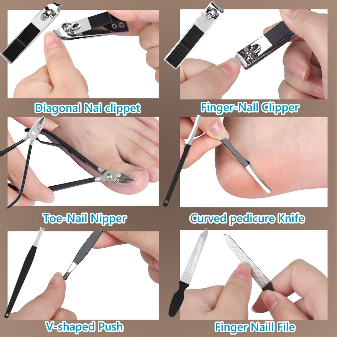 Yougai Manicure Set 18 pcs Professional Nail Clippers Pedicure Kit, Stainless Steel Pedicure Set Nail Grooming Kit Tools with Luxurious Travel Case(Brown)