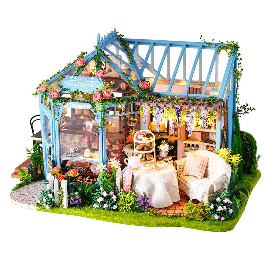 DIY Dollhouse Miniature Kit with Furniture, 3D Wooden Miniature House with Music Box Dollhouse Kit (Garden Tea House)