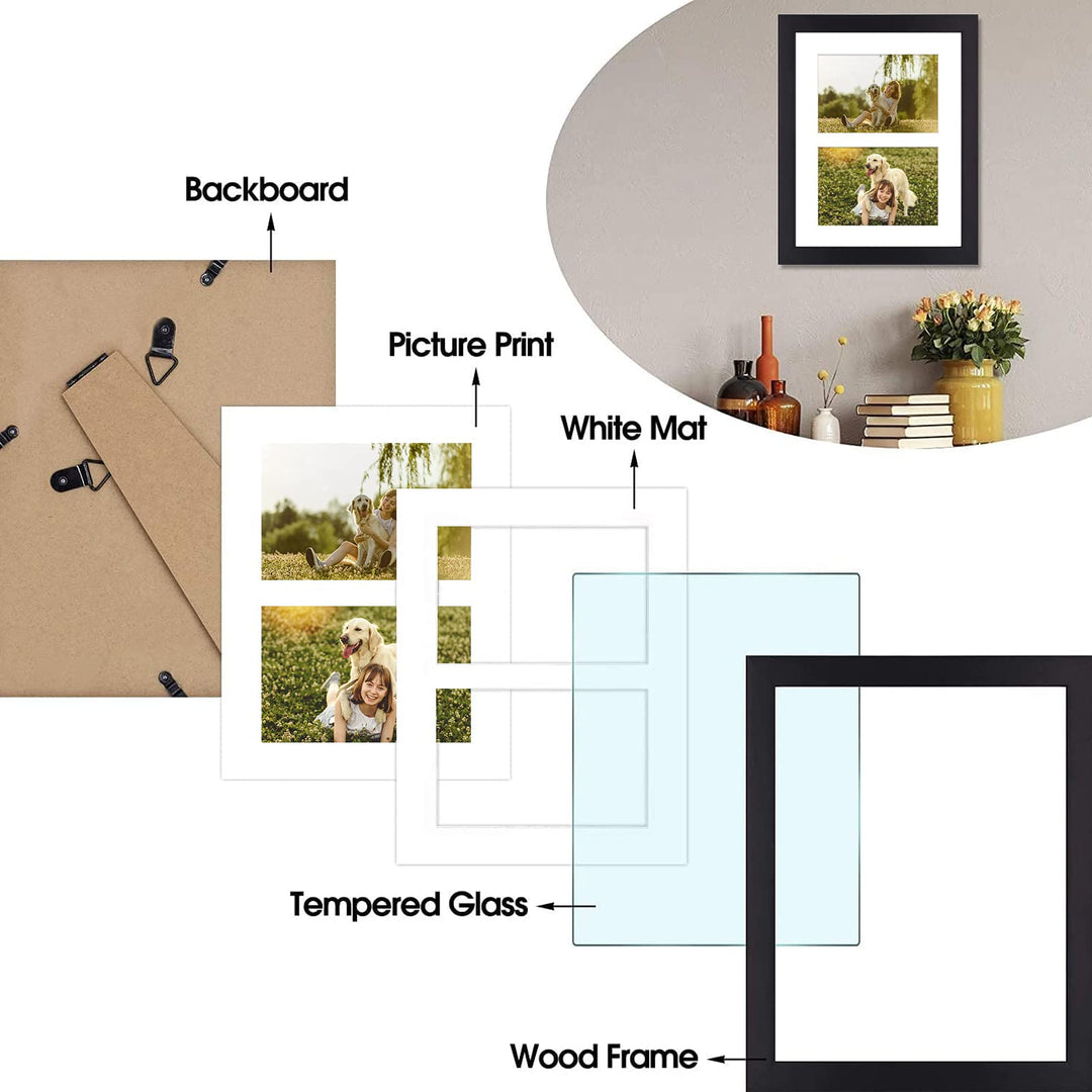 , 4x6 Double Picture Frame in Black - 8x10 Collage Frame, Solid Wood with Tempered Glass - Horizontal and Vertical Formats for Wall and Tabletop, 1 Pack