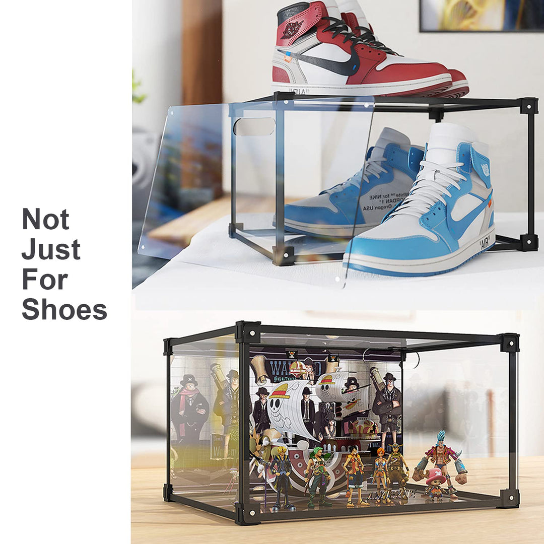 Magnetic Side Open Transparent Plastic Storage Shoe Box Storage Shoe Box Sneaker Storage Box Display Box Shoe Container Clear Closet Shelf Shoe Organizer (Black 4PC)