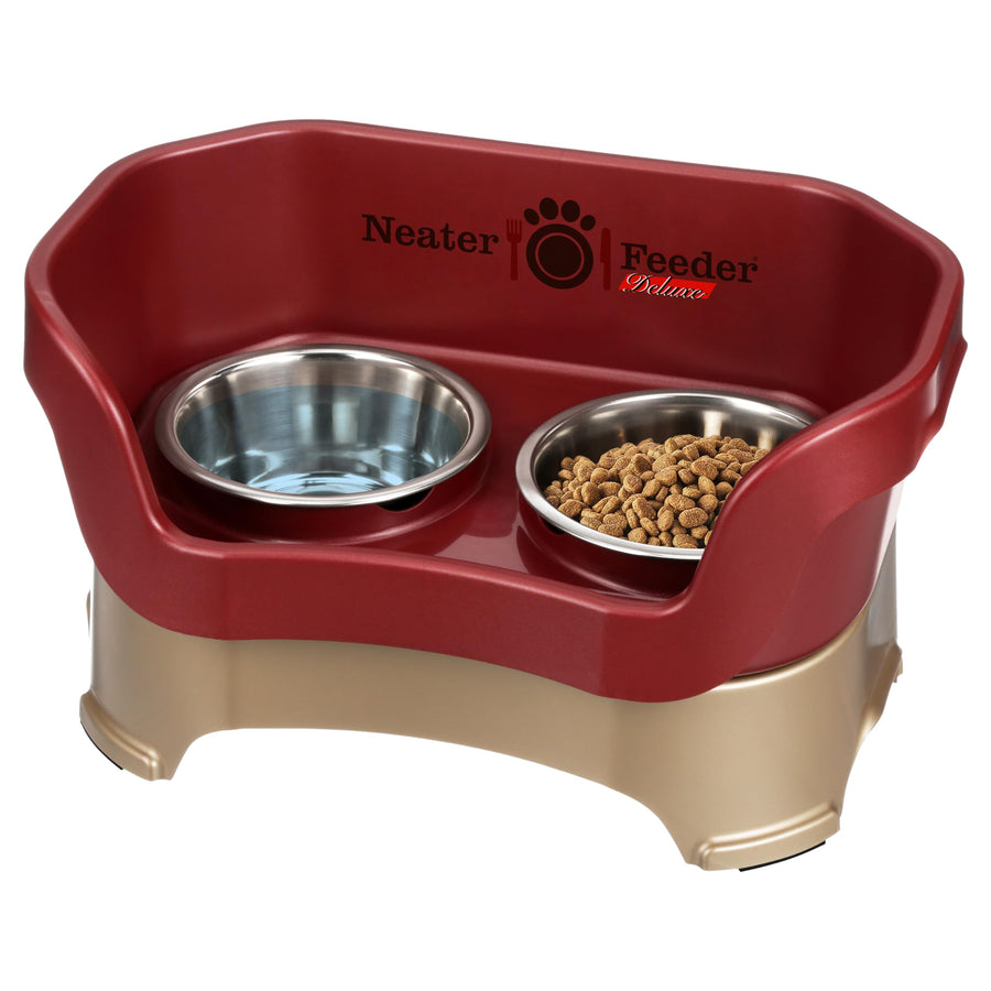 Neater Feeder Deluxe Mess Proof Dog Bowls Elevated Medium Sized Dog Breed – Made in USA – No Spill Raised Dog Food Bowl Stand – Stainless Steel Food and Water Bowl Set, Pet Feeding Station, Cranberry