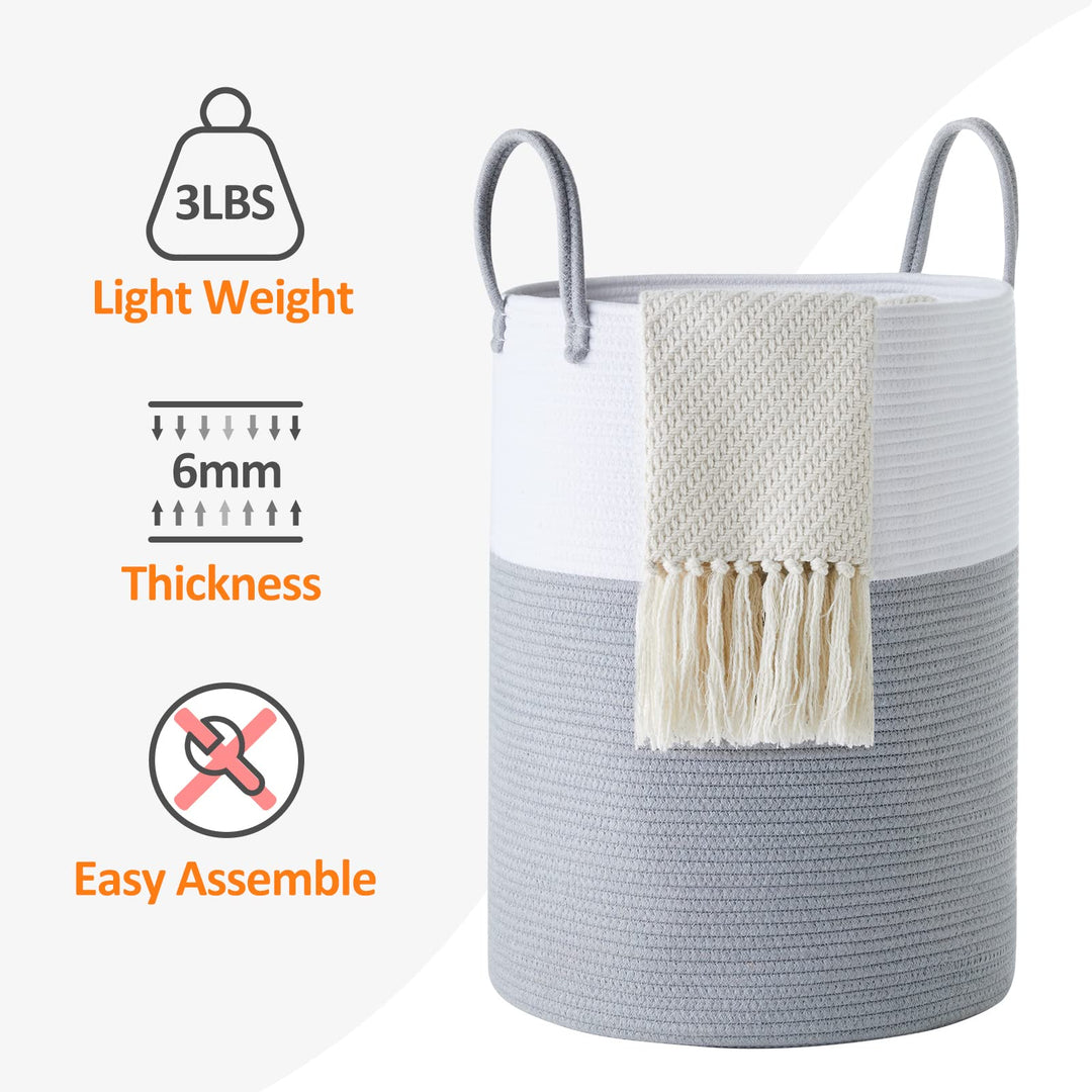 Cotton Rope Laundry Hamper , 58L - Woven Collapsible Laundry Basket - Clothes Storage Basket for Blankets, Laundry Room Organizing, Bedroom Storage, Clothes Hamper – Grey