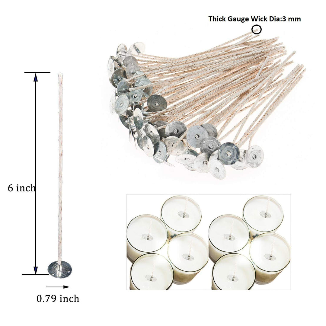 100pcs 6inch Soy Candle Wicks for Candle Making - Coated with Natural Soy Wax, Low Smoke - Cotton Threads Woven with Paper -Thick Candle Wick with Base.