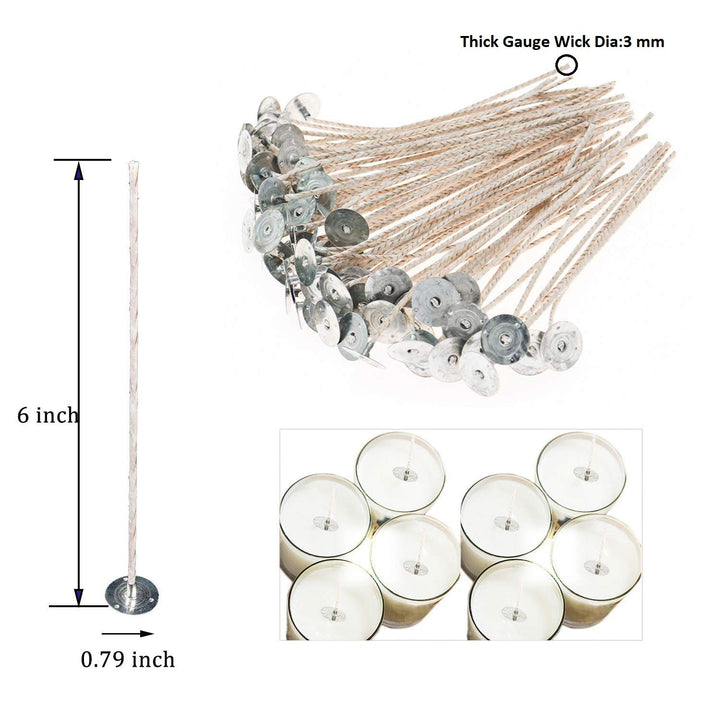 100pcs 6inch Soy Candle Wicks for Candle Making - Coated with Natural Soy Wax, Low Smoke - Cotton Threads Woven with Paper -Thick Candle Wick with Base.