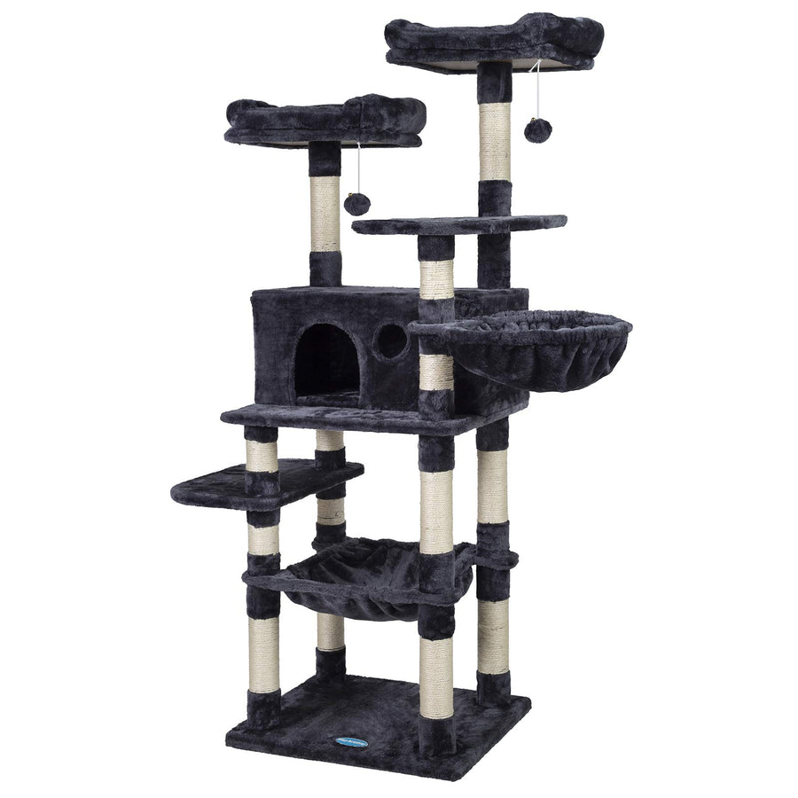 Cat Tree for Large Cats, Cat Tower with Scratching Posts, 2 Padded Plush Perches, Big Condo and Cozy Basket, Smoky Gray MPJ025G