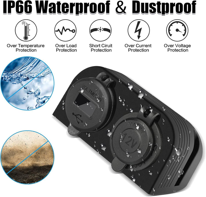 [Upgraded] Tent Type Panel 12V USB Outlet, Quick Charge PD3.0&amp; Dual USB 3.0 Car Charger with LED Voltmeter &amp; Switch+12V/24V Cigarette Lighter Socket for Car Motorcycle Boat Marine ATV RV