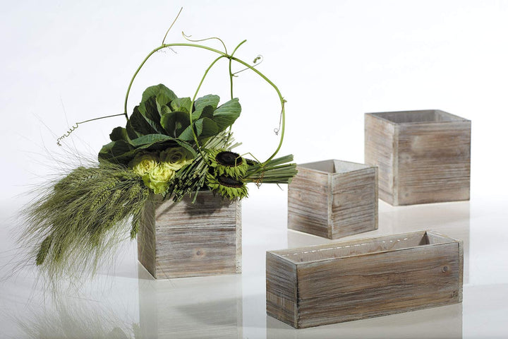 Wood Planter Box Set, Rustic Whitewash, Plastic Liners,