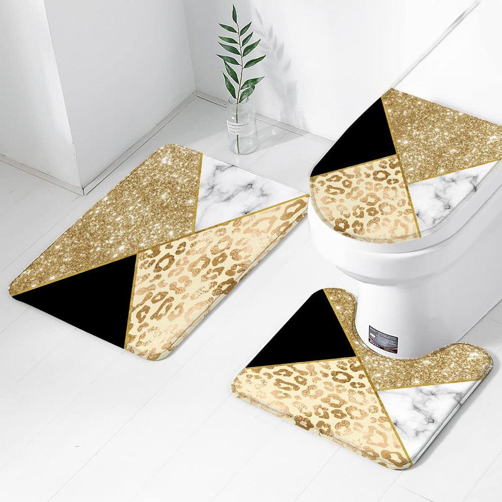 Atter Gold Leopard Marble Shower Curtain (No Glitter) Golden Geometric Polyester Fabric with Non-Slip Rug, Toilet Lid Cover and Bath Mat for Bathroom Set 4 Pcs (W60''xH72'') 12 Hooks Included