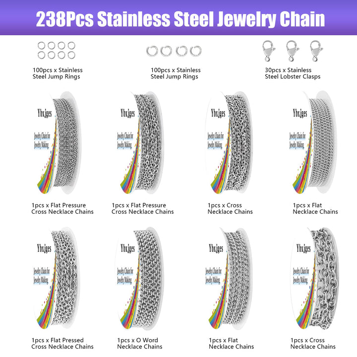 Necklace Chains for Jewelry Making, 65 Feet Stainless Steel Jewelry Chain with Stainless Steel Jump Rings Stainless Steel Lobster Clasps for Bracelet Necklace Jewelry Making (8 Sizes)