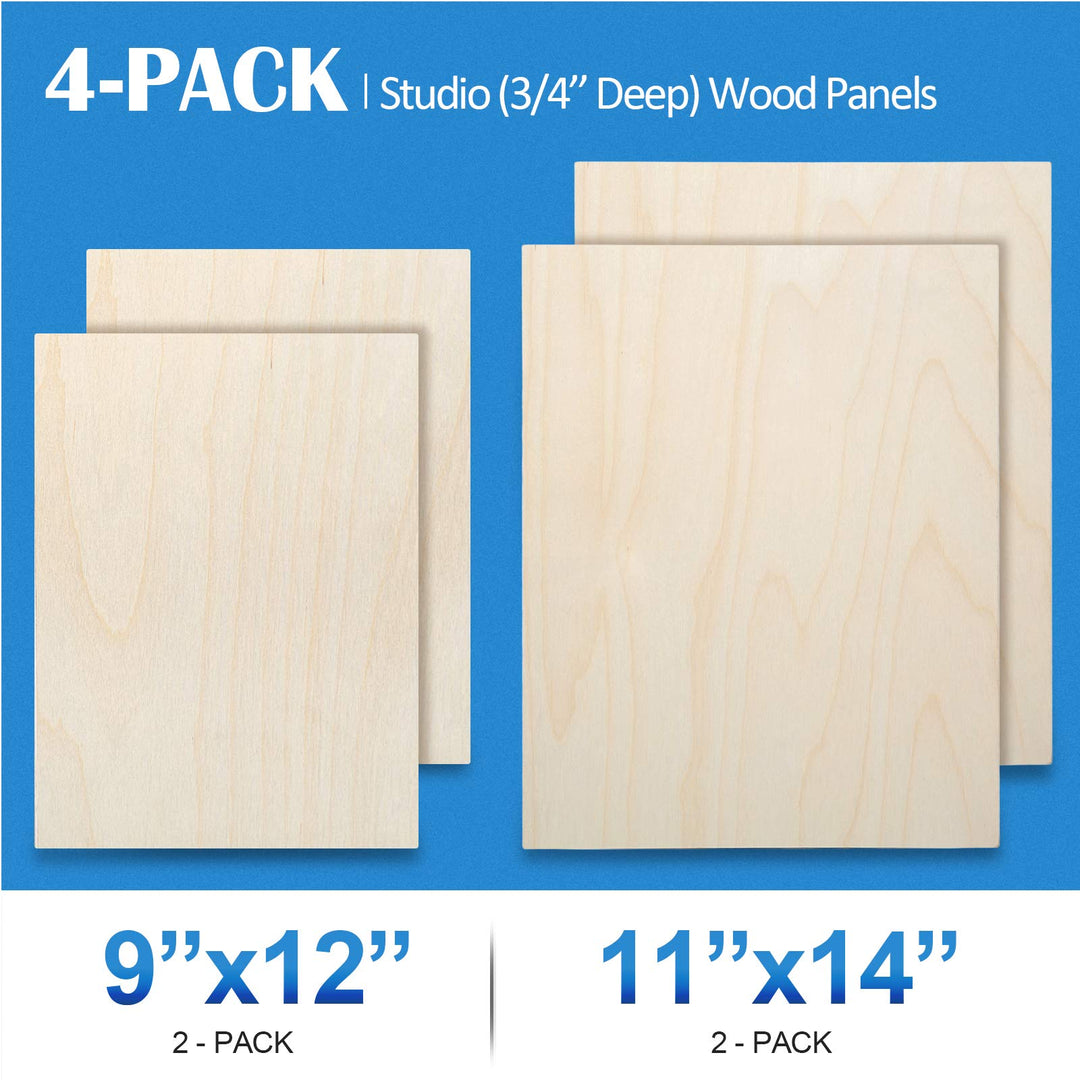 Unfinished Birch Wood Canvas Panels Kit, 4 Pack of 2 Sizes 11x14&#39; and 9x12&#39; Studio 3/4’’ Deep Cradle Boards for Pouring Art, Crafts, Painting, and More
