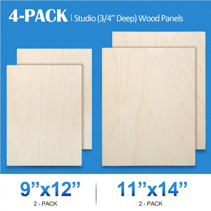 Unfinished Birch Wood Canvas Panels Kit, 4 Pack of 2 Sizes 11x14&#39; and 9x12&#39; Studio 3/4’’ Deep Cradle Boards for Pouring Art, Crafts, Painting, and More
