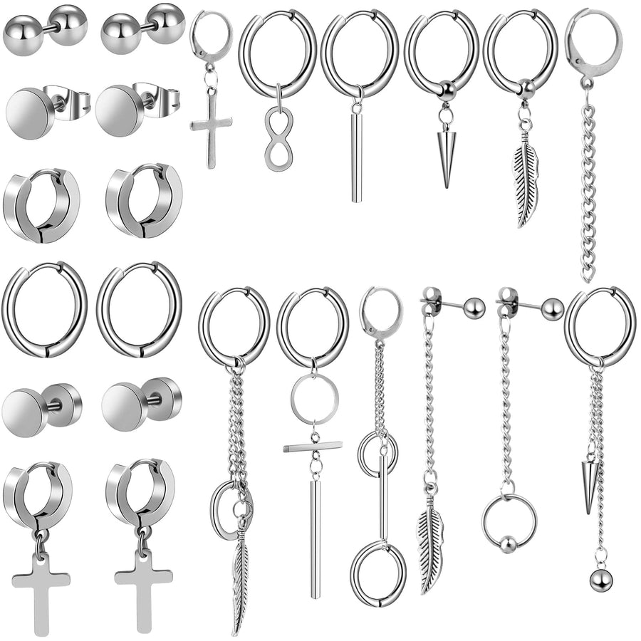 ONESING 24 Pcs Dangle Earrings for Men Dangle Silver Ho