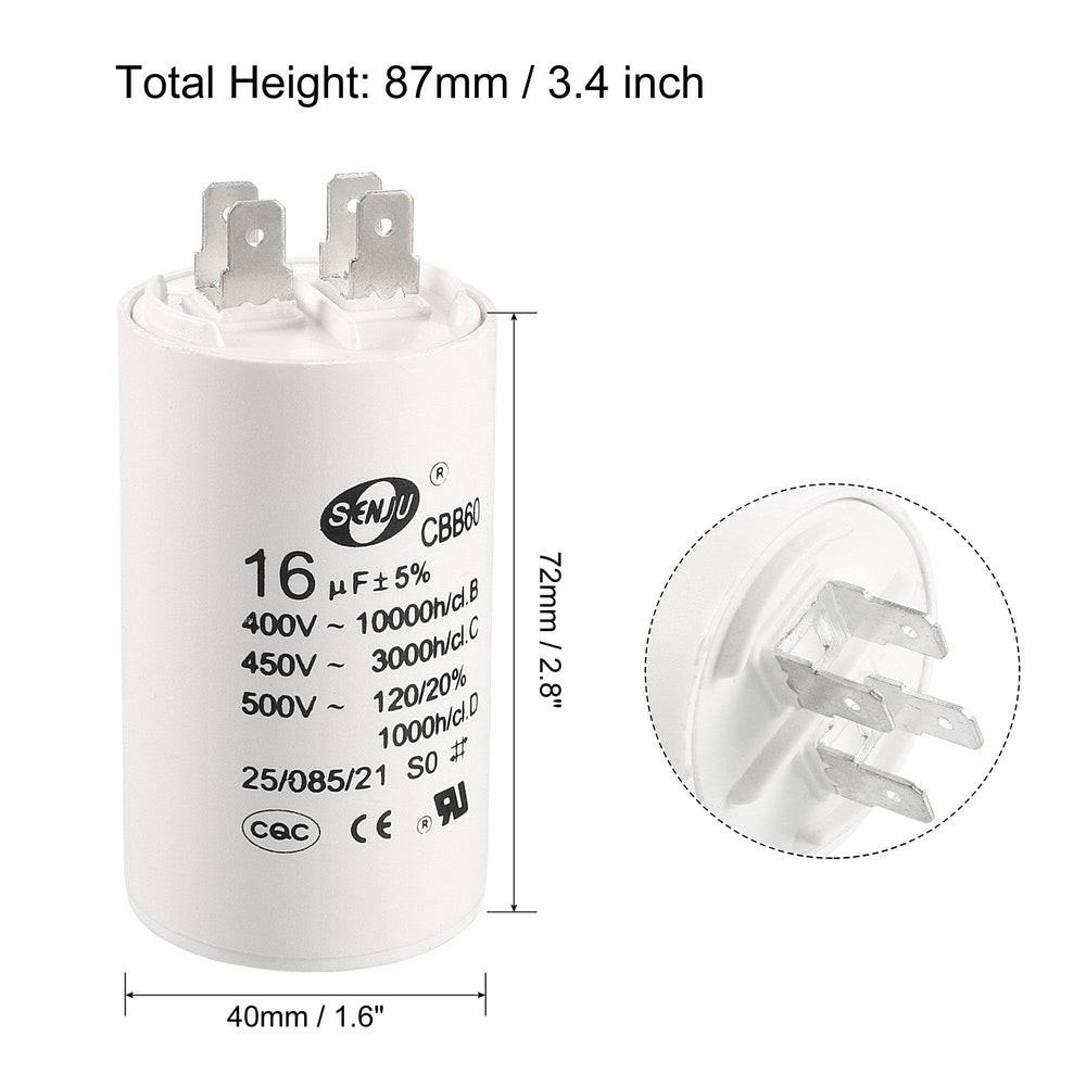 CBB60 Run Capacitor 16uF 450V AC Double Insert 50/60Hz Cylinder 72x40mm White for Air Compressor Water Pump Motor