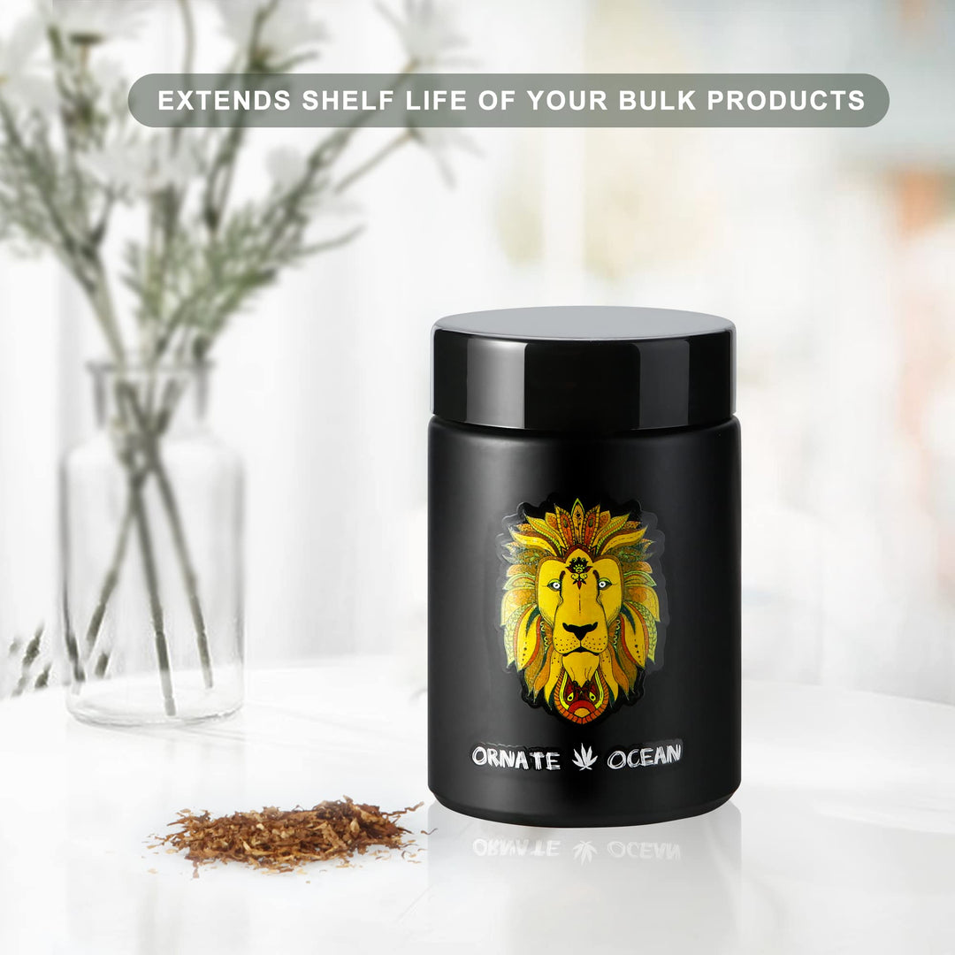 4-Pack 250ml UV Glass Stash Jars Lion King - 4 Piece Set Multipurpose Storage Containers - Convenient Airtight Smell Free Screw Top Lid Jars Preserves and Secures Your Herbs