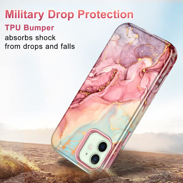 for iPhone 12 Case/iPhone 12 Pro Case, Heavy Duty Three Layer Marble Shockproof Full Body Rugged Hard PC+Soft TPU Bumper Drop Protection Women Girls Cover for iPhone 12/12 Pro, Rose Gold