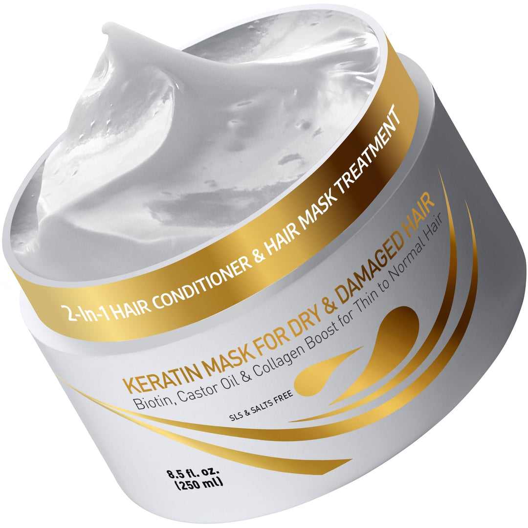 Vitamins Keratin Hair Mask Deep Conditioner - Biotin Collagen Protein &amp; Castor Oil Repair for Dry Damaged or Color Treated Hair - Conditioning Treatment for Curly or Straight Thin Fine Hair