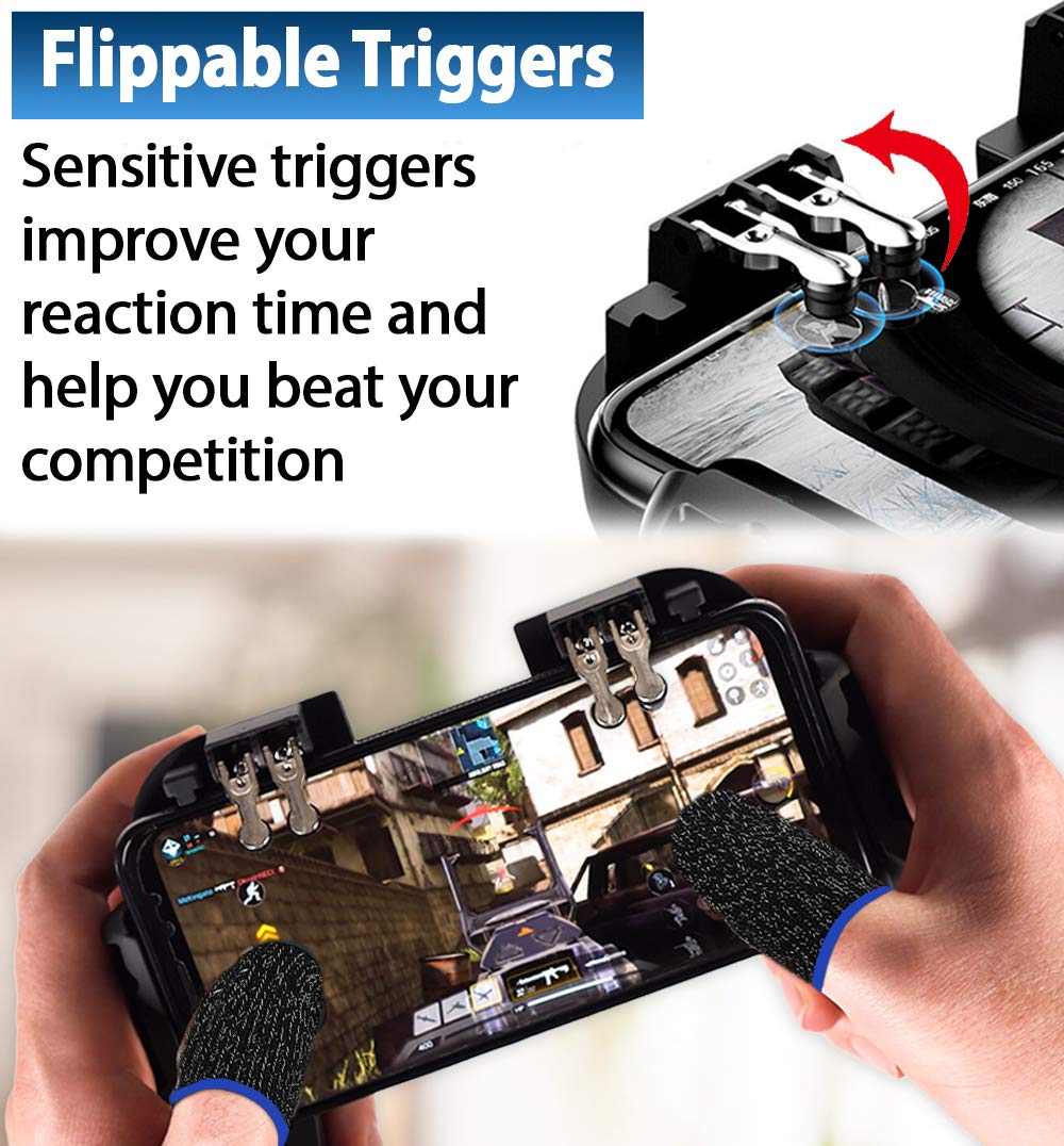 4 Trigger USB Mobile Game Controller with Cooling Fan Adjustable Stand for PUBG/Call of Duty/Fotnite [6 Finger Mode] L1R1 L2R2 Gaming Grip Gamepad