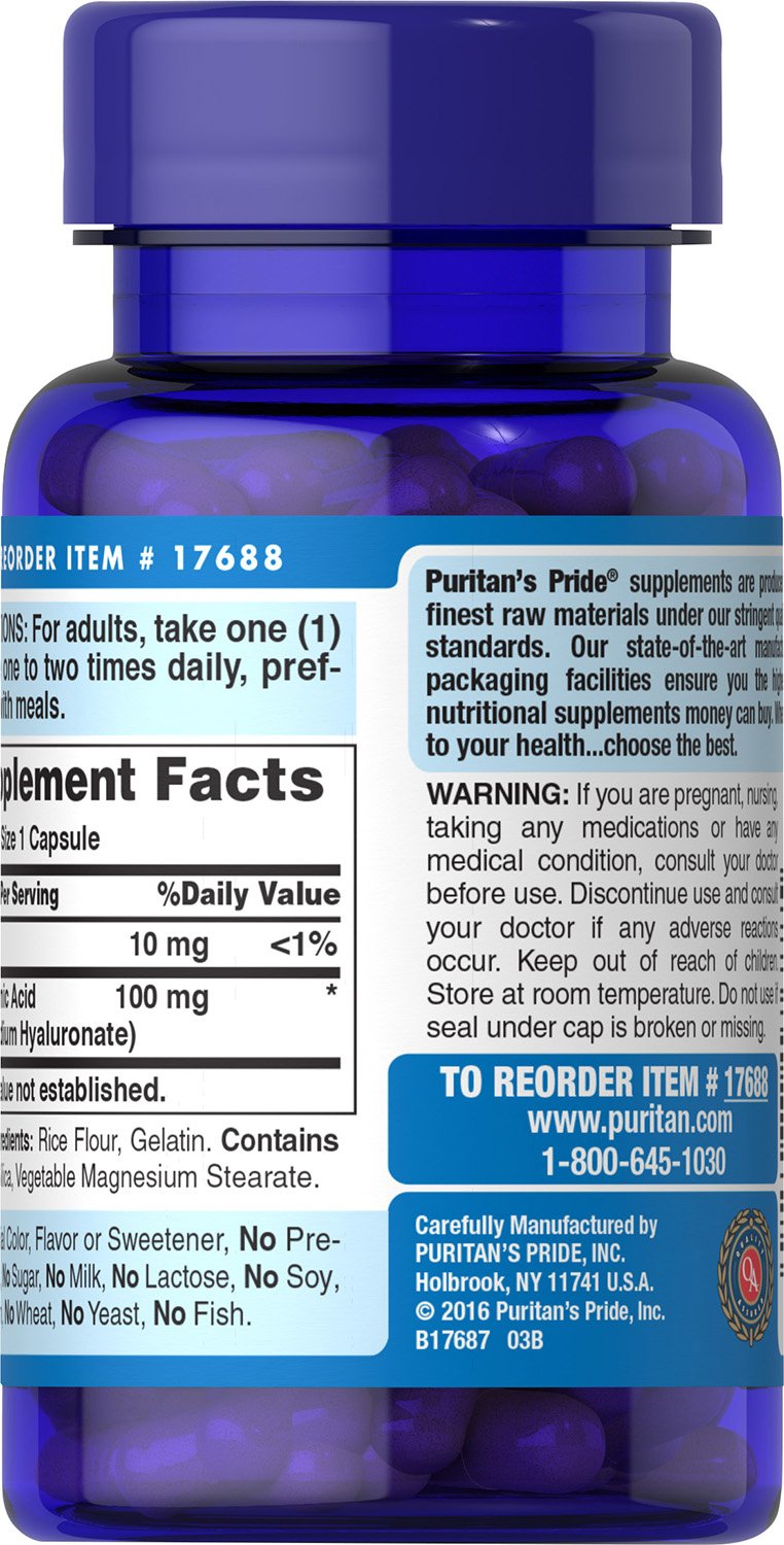 Puritans Pride Hyaluronic Acid 100 mg Capsules, 60 Coun