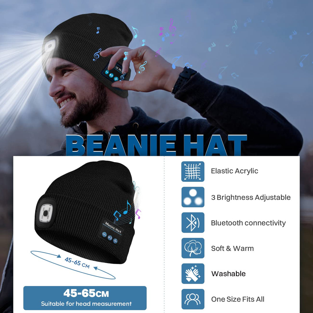 Bluetooth Beanie Hat with Light, Headlamp Cap with Headphones and Built-in Speaker Mic, Gifts for Men Women Teen Black
