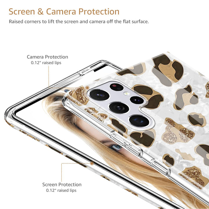 for Samsung Galaxy S22 Ultra Case, Cute Design with Leopard Print Phone Case for Women Girls, Soft Silicone Cover with Sparkly Pearly-Lustre Shell for Galaxy S22 Ultra 5G, White/Leopard