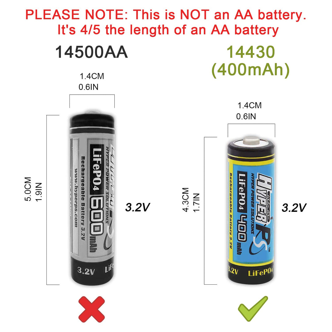 (4-Pack) HyperPS 3.2V LiFePo4 14430 4/5 AA (14 x 43mm) 400mAh Rechargeable Battery for Solar Panel Light, Tooth Brush, Shaver, Flashlight