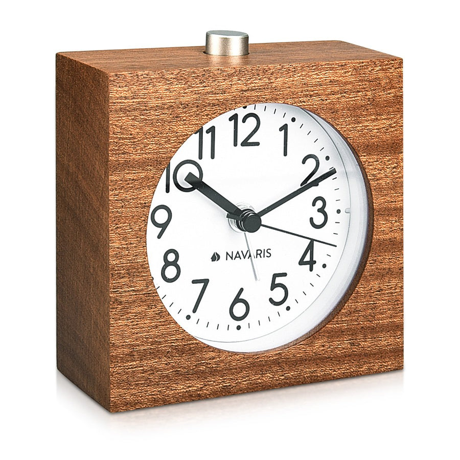 Wood Analog Alarm Clock - Square Battery-Operated Non-Ticking Clock with Snooze Button and Light - Dark Brown
