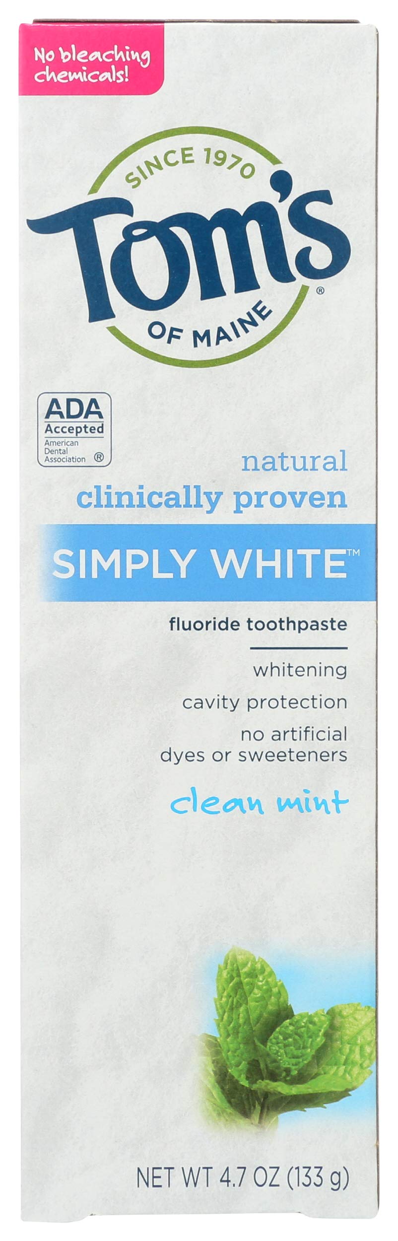 Tom's of Maine Simply White Natural Toothpaste, Whitening Toothpaste, Natural Toothpaste, Clean Mint, 4.7 Ounce