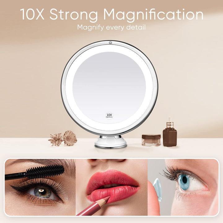 7.8 inch 10X Magnifying Makeup Mirror with Lights, Dimmable Lighted Magnifying Mirror for Bathroom, Dual Power Supply, Powerful Suction Cup, USB or Battery Operated