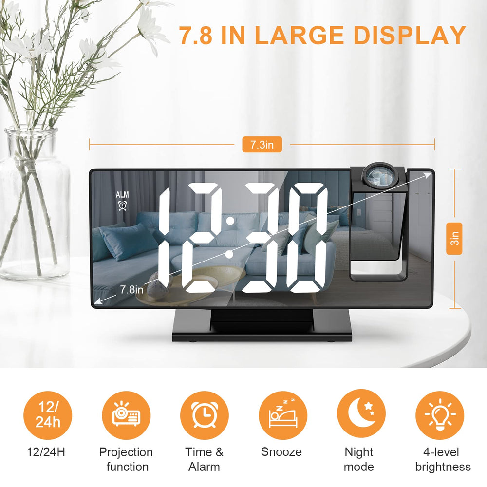 Digital Alarm Clock, Projection Alarm Clock for Heavy Sleepers, Digital Clock for Bedroom with Large LED Screen, 12/24H, USB Charging Port, Snooze, Memory Function, Brightness-Adjustable