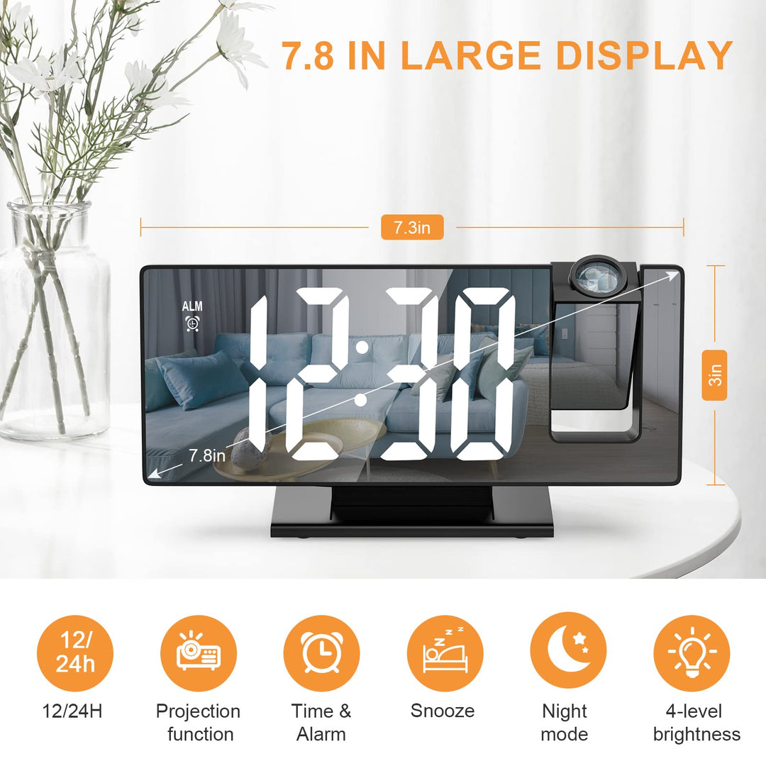 Digital Alarm Clock, Projection Alarm Clock for Heavy Sleepers, Digital Clock for Bedroom with Large LED Screen, 12/24H, USB Charging Port, Snooze, Memory Function, Brightness-Adjustable