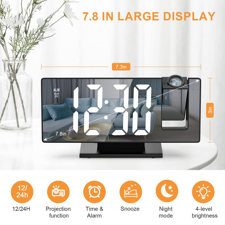 Digital Alarm Clock, Projection Alarm Clock for Heavy Sleepers, Digital Clock for Bedroom with Large LED Screen, 12/24H, USB Charging Port, Snooze, Memory Function, Brightness-Adjustable