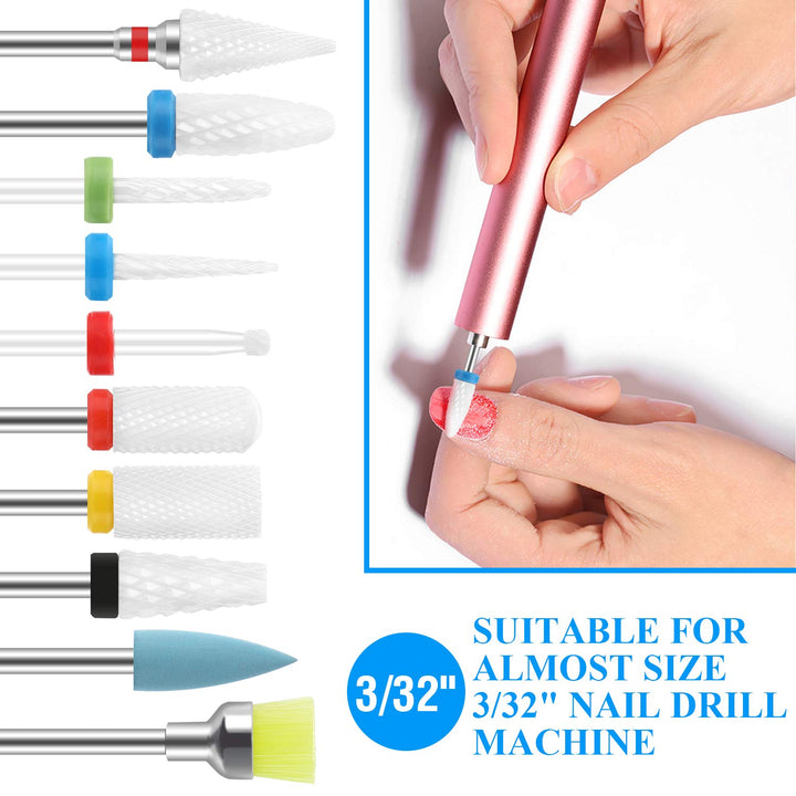 10Pcs Ceramic Nail Drill Bits Set Professional Remove Gel Acrylic Cuticle Diamond Carbide Nail Drill Bit Tools for Manicure Pedicure Home Salon Use Great Gift for Women Girls