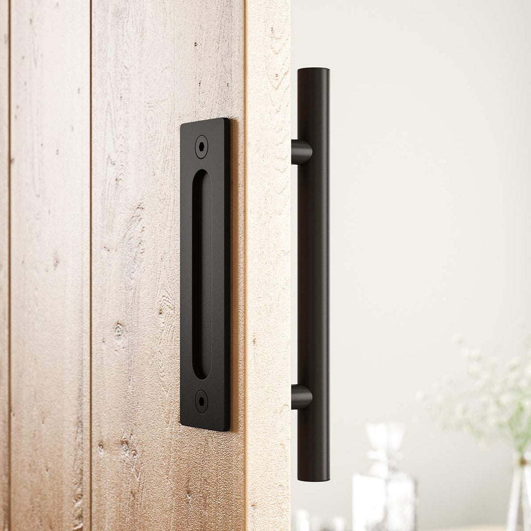 Heavy Duty 12 Pull and Flush Barn Door Handle Set, Large Rustic Two-Side Design, for Gates Garages Sheds Furniture, Solid Steel Material, Round, Black