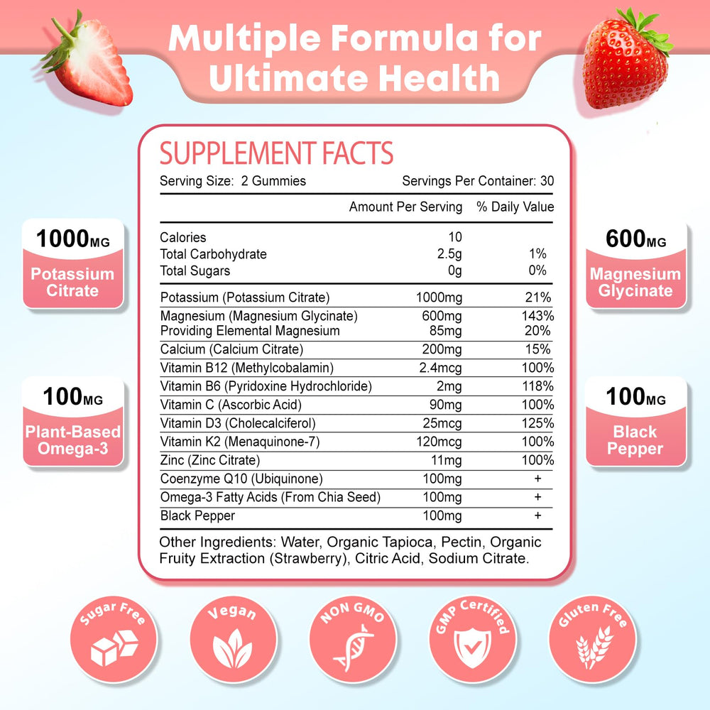 Potassium Magnesium Supplement Gummies for Adults Kids, Magnesium Glycinate & Potassium Citrate, Plus Multivitamin, Omega-3 & Black Pepper, Leg Cramps, Muscle & Heart Health, 120 cts