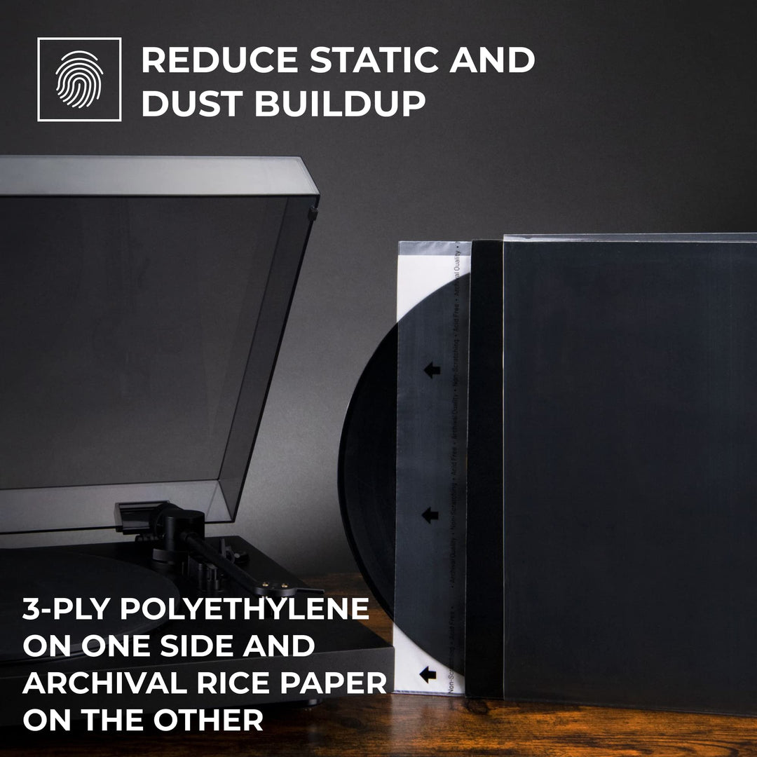 50x Premium Vinyl Record Inner Sleeves - Clear 3-Ply Album Covers with Anti-Static Rice Paper - Master Vinyl Record Sleeves - Acid Free Protective Cover for 12 Records