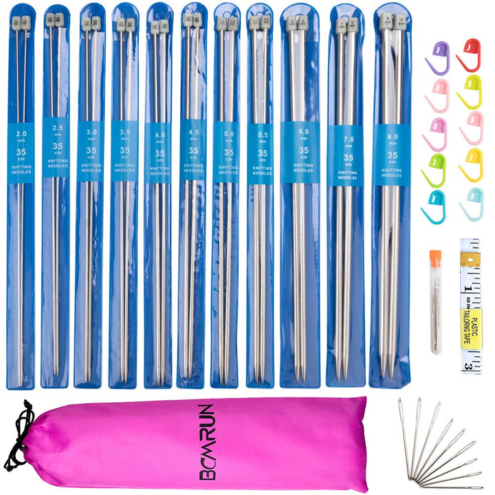 22Pcs Stainless Steel Straight Knitting Needles Set, 2mm-8mm, Long Needles with Markings, Large-Eye Needles, Measure Tape, Kitting Kit for DIY, Travel