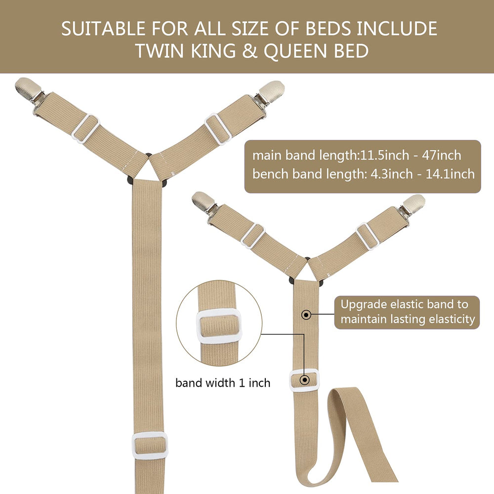 Bed Sheet Holder Straps Adjustable Elastic Band Fitted Bed Sheet Holder Fasteners Suspenders Clip Suit for Twin King & Queen Full Size Mattress (Beige 6 in 1 Belt with 12 Clips), Khaki