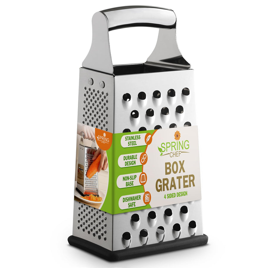 Professional Large Parmesan Cheese Grater, Stainless Steel Metal Box Grater with Handle, 4 Sided Handheld Kitchen Food Shredder for Cheese, Carrot, Veggie, Ginger, Potato - Dishwasher Safe