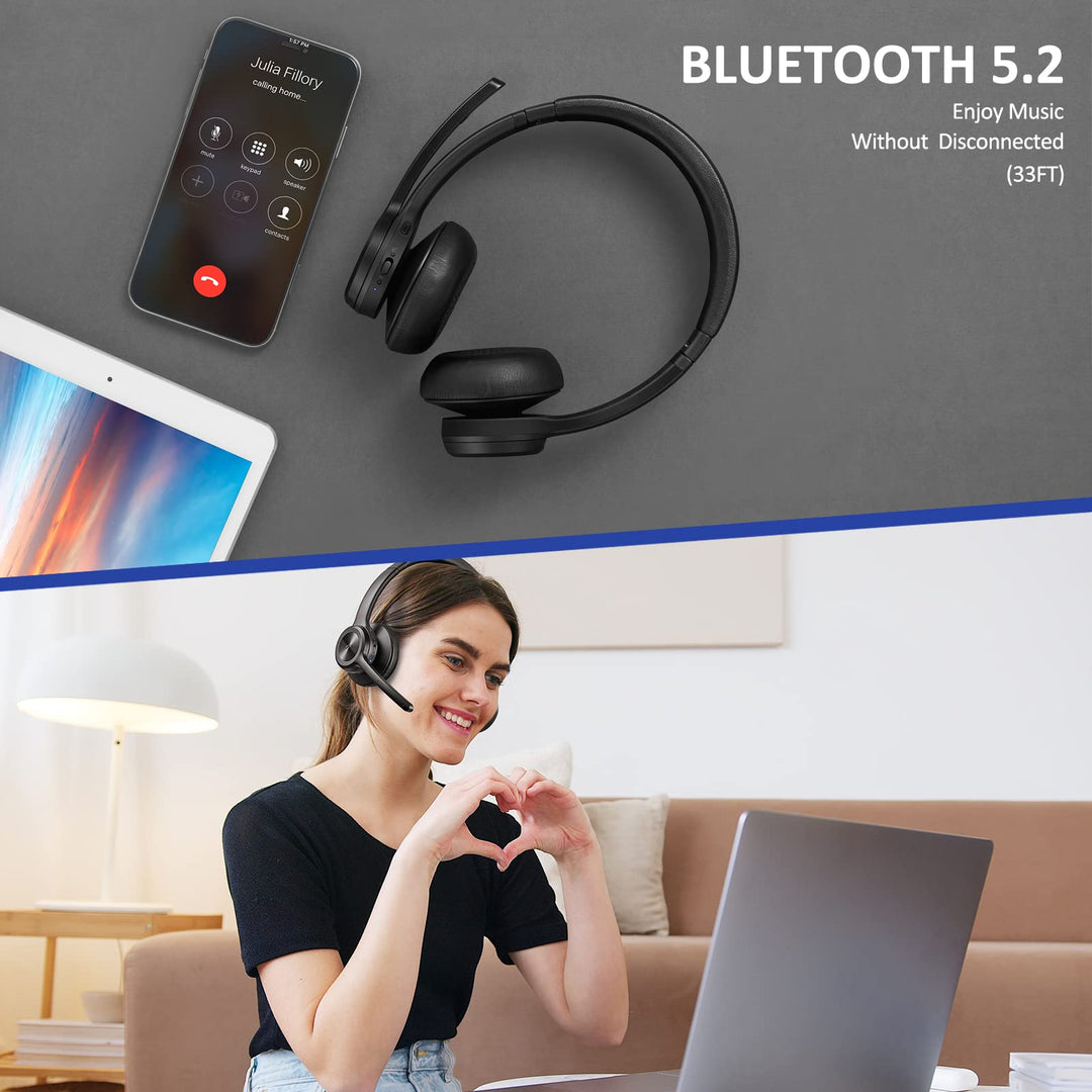 Bluetooth Headset V5.2, Wireless Headphones with Noise Cancelling Microphone, On Ear Wireless Headset for Cell Phones Laptop Computer