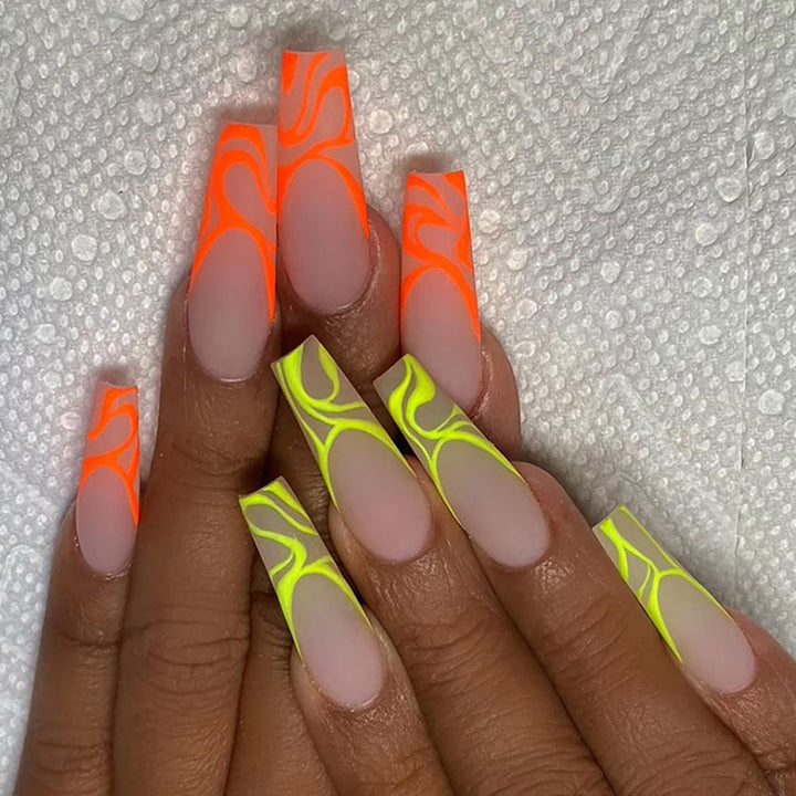 Coffin Press on Nails Long Matte Fake Nails with Designs Fluorescent Ballerina False Nails 24Pcs Full Acrylic Glue on Nails for Women and Girls DIY