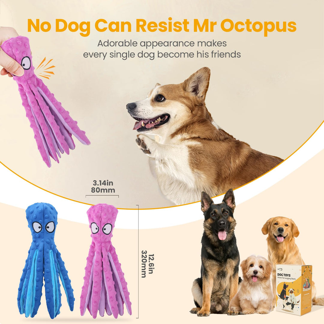 Squeaky Dog Toys - Octopus No Stuffing Crinkle Plush Large Dog Toys to Keep Them Busy for Puppy Teething Chewing, Pet Supplies for Small, Medium, and Large Breeds, 2 Pack