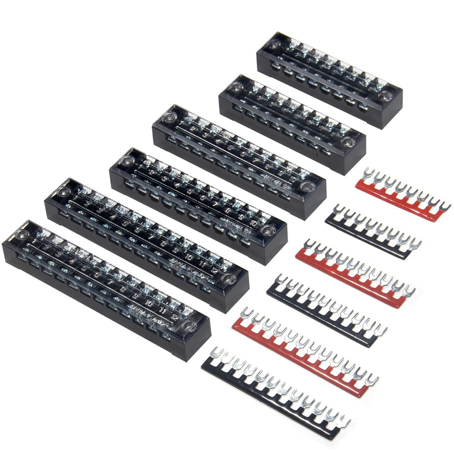 Terminal Block and Strip - 6 Sets 8/10/12 Positions 600V 15A Dual Row Wire Screw Terminal Strip Block with Cover + 400V 15A Pre-Insulated Terminals Barrier Strips Jumpers (Black & Red)