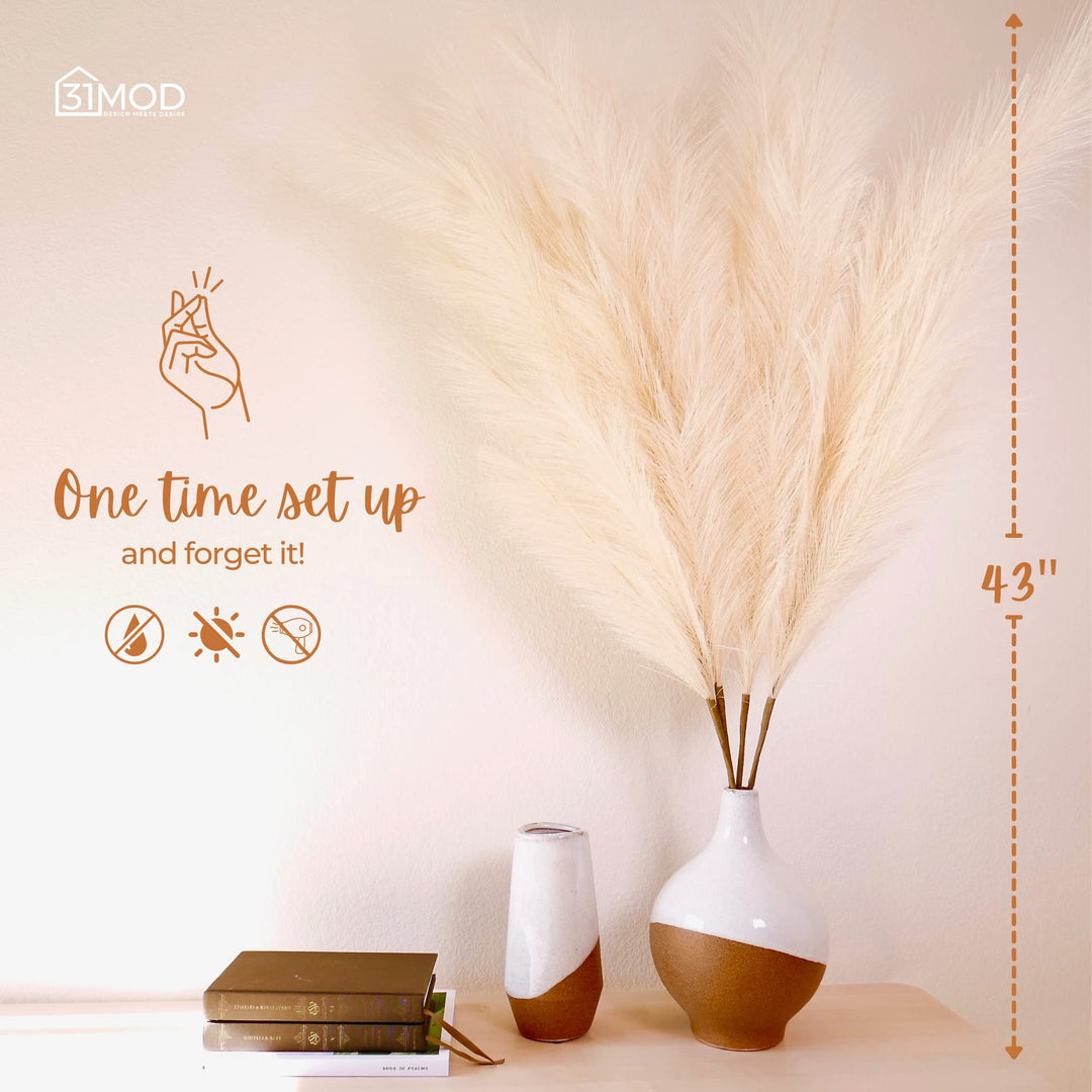 Faux Pampas Grass with 4 Large Artificial Pampas Grass Stems — 43 (Set of 4), No-Shedding and Low Maintenance Pampas Grass Decor, Fake Pampas Grass, Pampas Grass Large, Boho Decor (43)