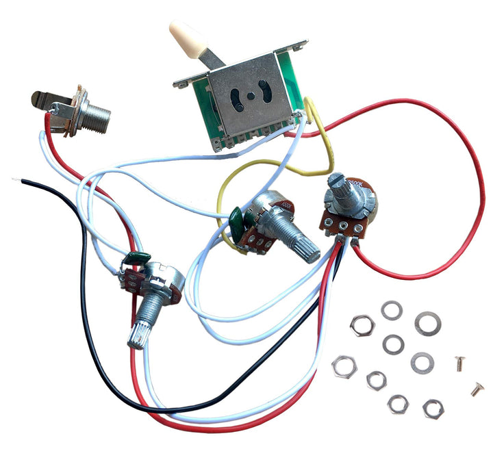 Prewired Guitar Wiring Harness Electronics Kit, 2T1V 500K Pots Control Knobs 5-Way Switch with Jack Compatible for Strat Style Guitar Replacements, Cream Cap