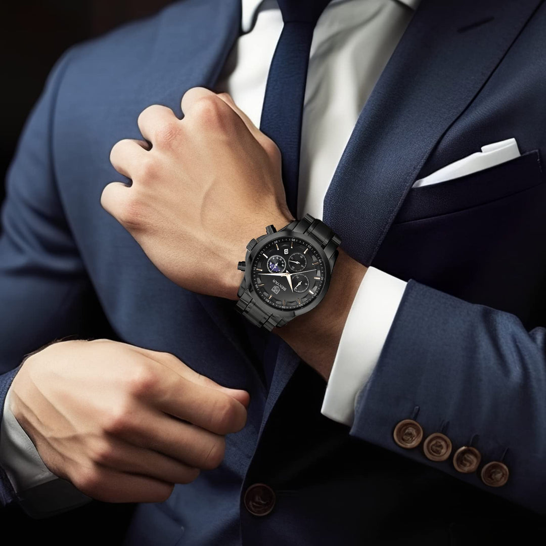 Men&#39;s Watches Analog Quartz Chronograph Waterproof Stainless Steel Wrist Watches for Men Business Work Casual Sport Black Mens Dress Watch Unique Elegant Gifts for Men