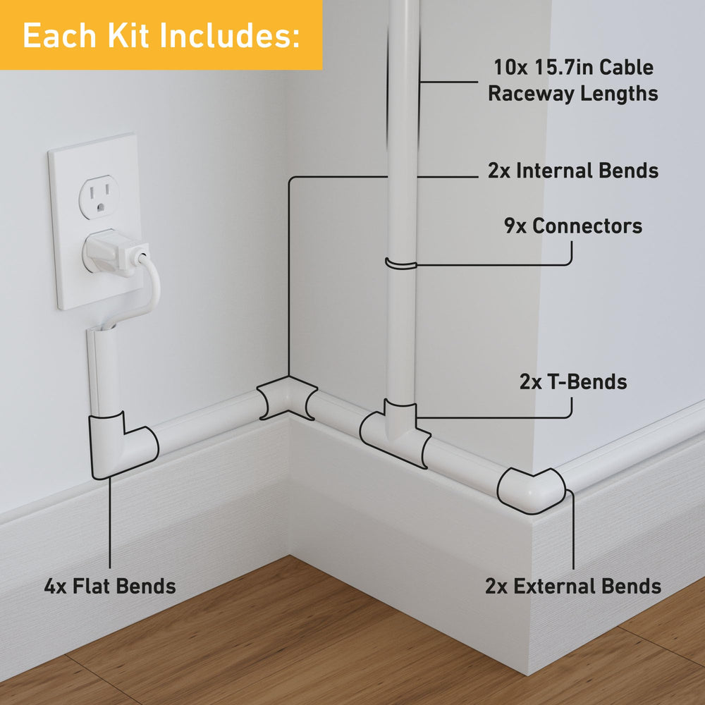 157in Cord Cover Kit, Self-Adhesive Wire Hiders, Paintable Cable Raceway to Hide Wires on Wall, Electrical Cable Management - 10x 15.7 Lengths & 19 Accessories - 1.18 (W) x 0.59 (H) - White