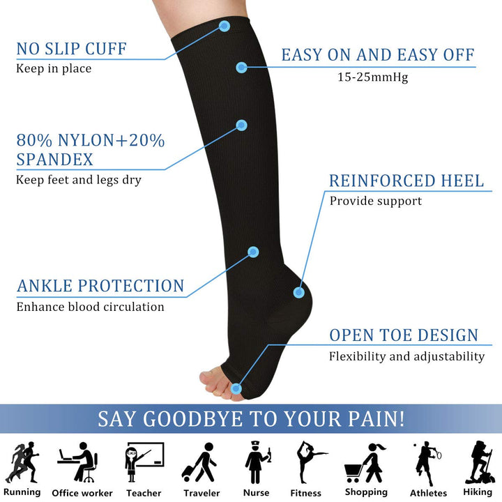 3 Pairs Open Toe Compression Socks Women Knee High Toeless 15-25 mmHg