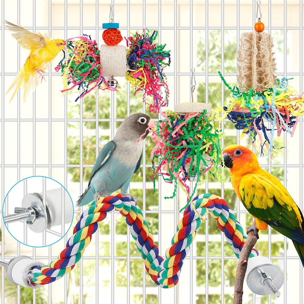 Bird Toys Bird Shredding Foraging Toys Parakeet Toy Chewing Hanging Toy Bird Shredded Paper Bird Cage Accessories Bird Rope Perch for Conure Cockatiel Budgies Lovebird Parrotlet (with Rope Perch)